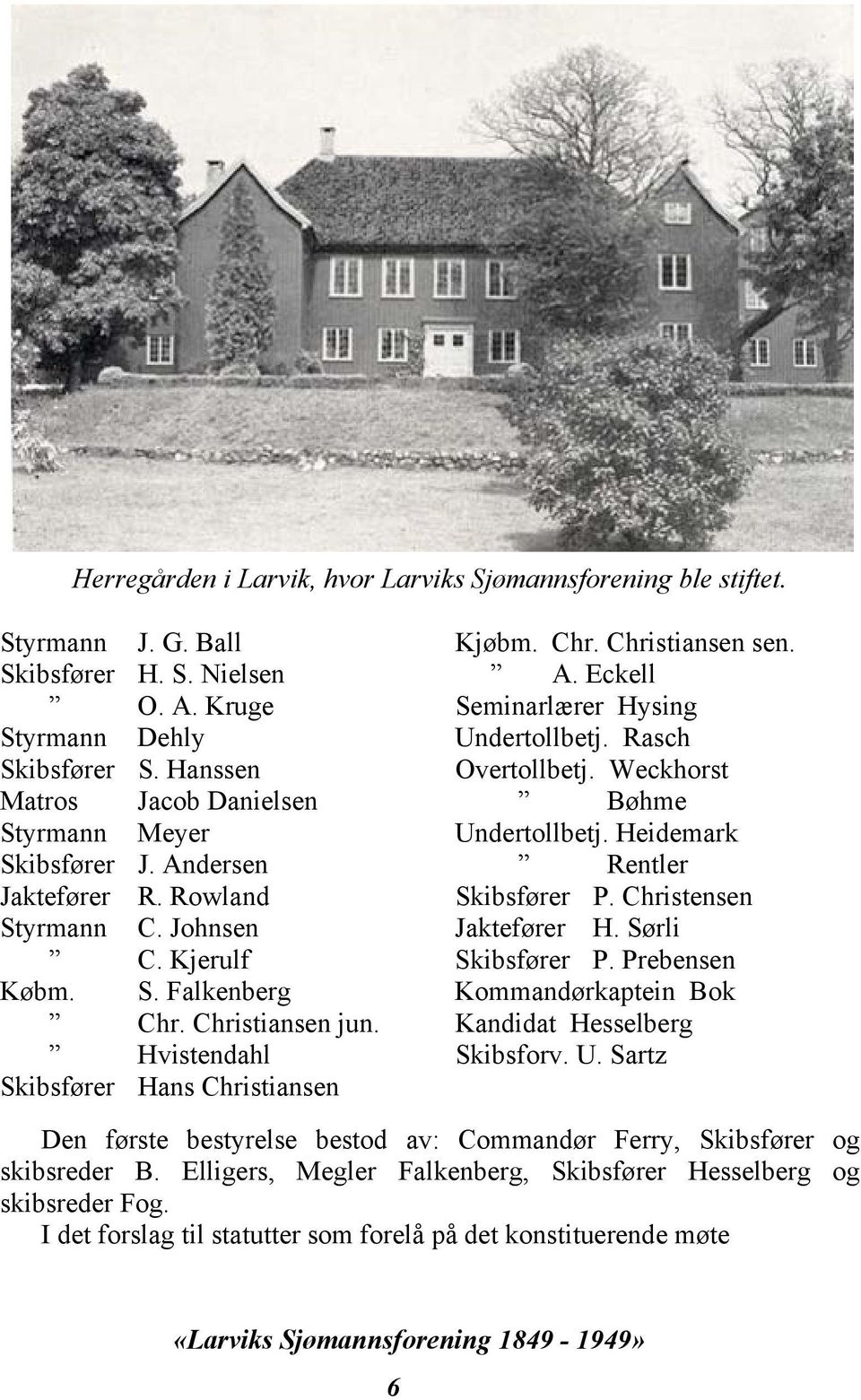 Christensen Styrmann C. Johnsen Jaktefører H. Sørli C. Kjerulf Skibsfører P. Prebensen Købm. S. Falkenberg Kommandørkaptein Bok Chr. Christiansen jun. Kandidat Hesselberg Hvistendahl Skibsforv. U.