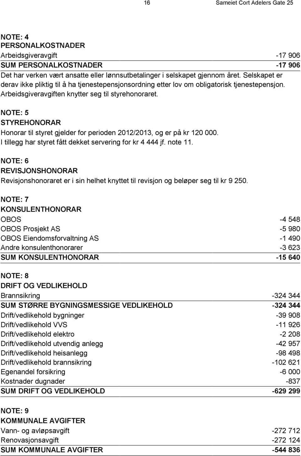 NOTE: 5 STYREHONORAR Honorar til styret gjelder for perioden 2012/2013, og er på kr 120 000. I tillegg har styret fått dekket servering for kr 4 444 jf. note 11.