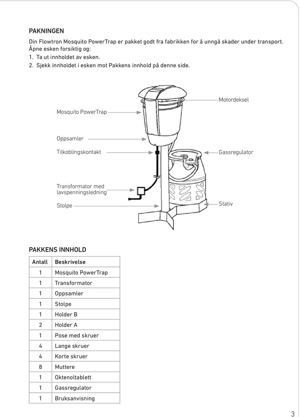 Mosquito PowerTrap Motordeksel Oppsamler Tilkoblingskontakt Gassregulator Transformator med lavspenningsledning Stolpe Stativ PAKKENS INNHOLD