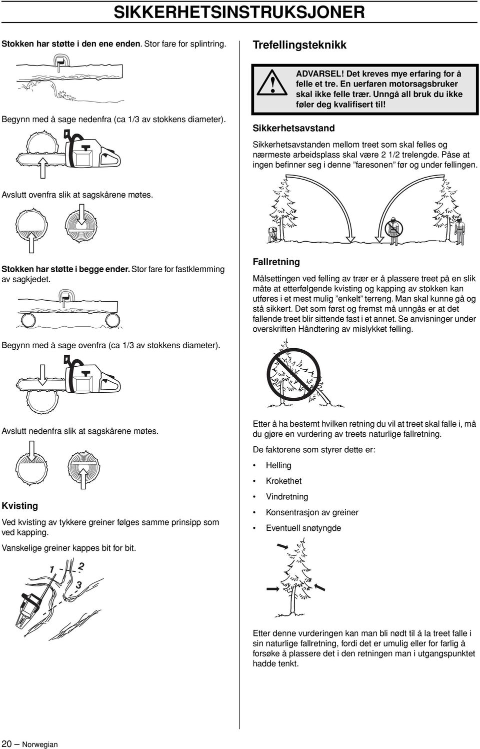 Unngå all bruk du ikke føler deg kvalifisert til Sikkerhetsavstanden mellom treet som skal felles og nærmeste arbeidsplass skal være 2 1/2 trelengde.