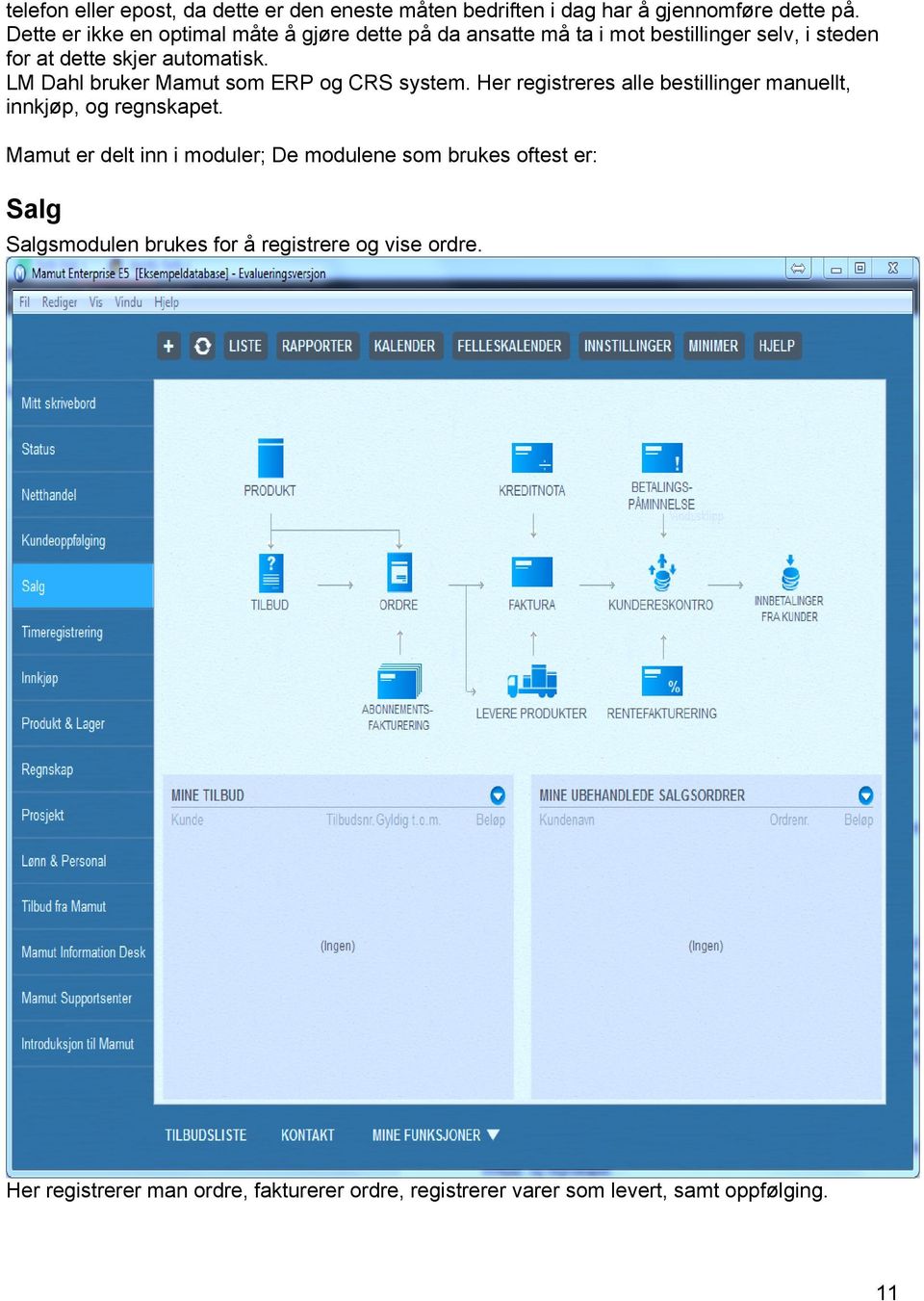LM Dahl bruker Mamut som ERP og CRS system. Her registreres alle bestillinger manuellt, innkjøp, og regnskapet.