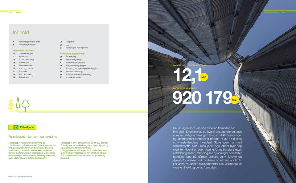 48 Noter til årsregnskapet 63 Erklæring fra styret og konsernsjef 64 Revisors beretning 66 Kontrollkomiteens beretning 67 Konsernledelsen OMSETNING I FELLESKJØPET AGRI 12,1 MRD PRODUSERT KRAFTFÔR 920