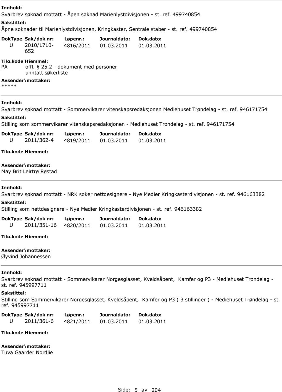 946171754 Stilling som sommervikarer vitenskapsredaksjonen - Mediehuset Trøndelag - st. ref. 946171754 2011/362-4 4819/2011 01.03.