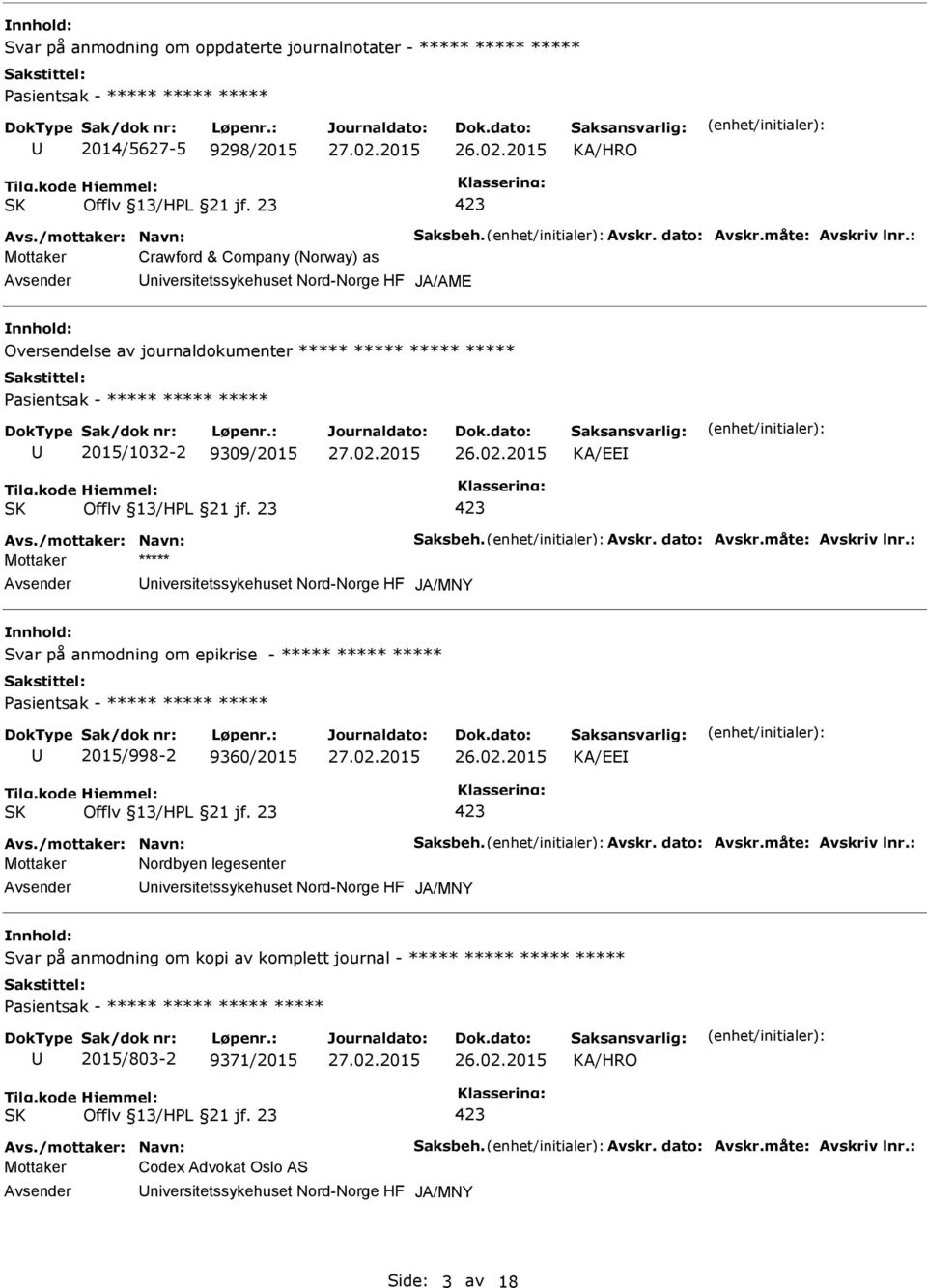 Avskr. dato: Avskr.måte: Avskriv lnr.: Mottaker ***** niversitetssykehuset Nord-Norge HF JA/MNY Svar på anmodning om epikrise - ***** ***** ***** 2015/998-2 9360/2015 KA/EE Avs.