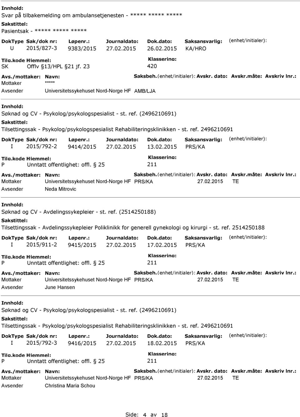 (2496210691) Tilsettingssak - Psykolog/psykologspesialist Rehabiliteringsklinikken - st. ref. 2496210691 2015/792-2 9414/2015 13.02.2015 P nntatt offentlighet: offl. 25 Avs./mottaker: Navn: Saksbeh.