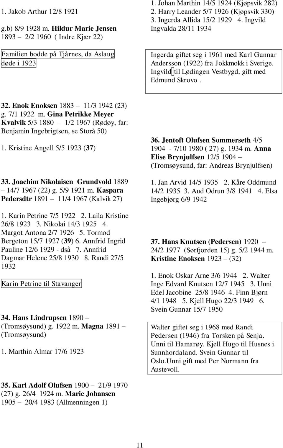 Ingvild til Lødingen Vestbygd, gift med Edmund Skrovo. 32. Enok Enoksen 1883 11/3 1942 (23) g. 7/1 1922 m.