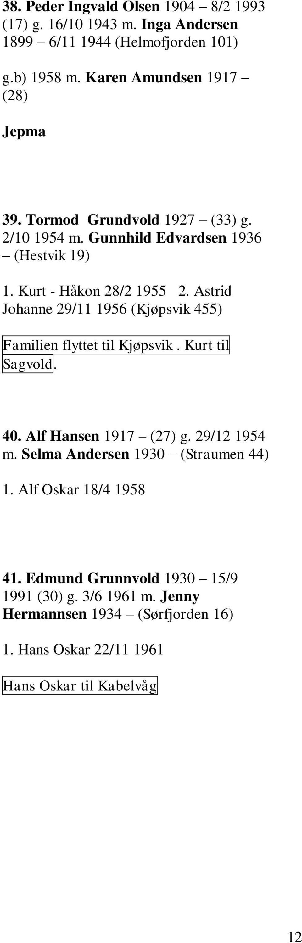 Astrid Johanne 29/11 1956 (Kjøpsvik 455) Familien flyttet til Kjøpsvik. Kurt til Sagvold. 40. Alf Hansen 1917 (27) g. 29/12 1954 m.