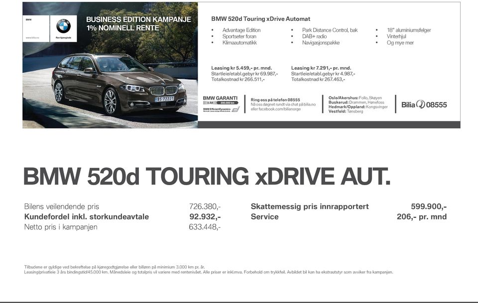Totalkostnad kr 267.463,- 520d TOURING xdrive AUT. Bilens veilendende pris 726.