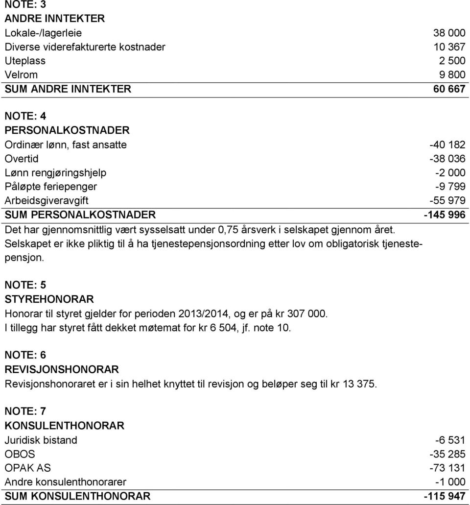 selskapet gjennom året. Selskapet er ikke pliktig til å ha tjenestepensjonsordning etter lov om obligatorisk tjenestepensjon.