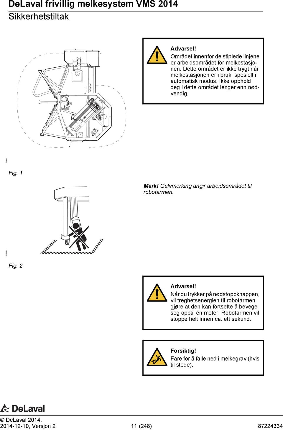 1 Merk! Gulvmerking angir arbeidsområdet til robotarmen. 209882 Fig. 2 Advarsel!