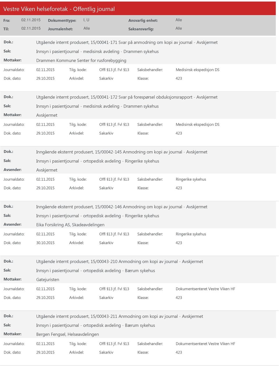 eksternt produsert, 15/00042-145 Anmodning om kopi av journal - Innsyn i pasientjournal - ortopedisk avdeling - Ringerike sykehus Ringerike sykehus Inngående eksternt produsert, 15/00042-146