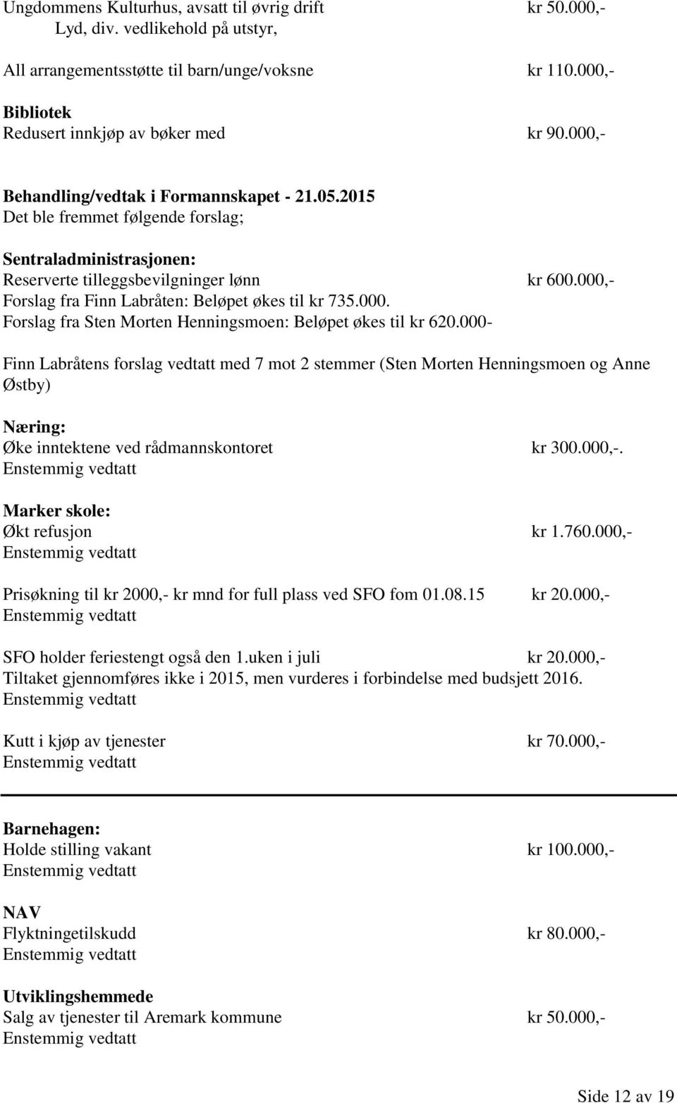 000,- Forslag fra Finn Labråten: Beløpet økes til kr 735.000. Forslag fra Sten Morten Henningsmoen: Beløpet økes til kr 620.
