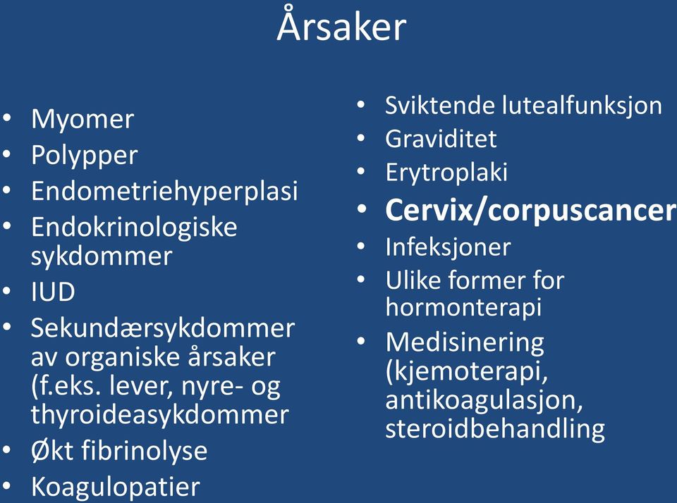 lever, nyre- og thyroideasykdommer Økt fibrinolyse Koagulopatier Sviktende lutealfunksjon