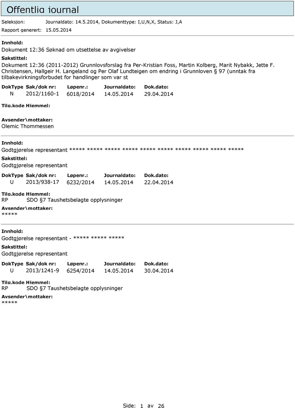 Langeland og Per Olaf Lundteigen om endring i Grunnloven 97 (unntak fra tilbakevirkningsforbudet for handlinger som var st N 2012/1160-1 6018/2014 29.04.