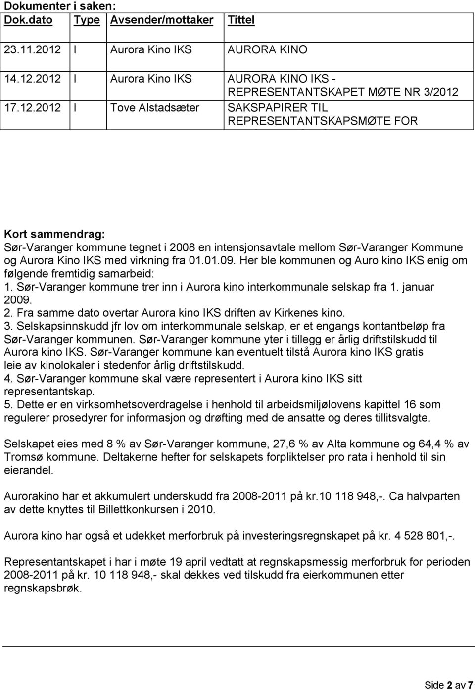 212 I Aurora Kino IKS 17.12.212 I Tove Alstadsæter AURORA KINO IKS REPRESENTANTSKAPET MØTE NR 3/212 SAKSPAPIRER TIL REPRESENTANTSKAPSMØTE FOR AURORA KINO IKS Kort sammendrag: Sør-Varanger kommune