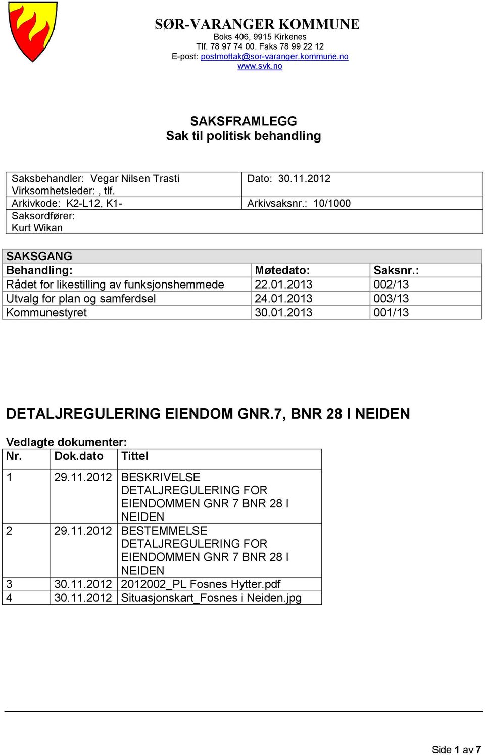 Arkivkode: K2-L12, K1Saksordfører: Kurt Wikan SAKSGANG Behandling: Rådet for likestilling av funksjonshemmede Utvalg for plan og samferdsel Kommunestyret Dato: 3.11.212 Arkivsaksnr.: 1/1 Møtedato: 22.