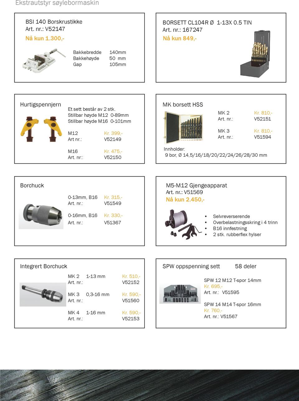 nr:: V52150 Innholder: 9 bor, Ø 14,5/16/18/20/22/24/26/28/30 mm Borchuck 0-13mm, B16 Kr. 315,- Art. nr.: V51549 0-16mm, B16 Kr. 330,- Art. nr.: V51367 M5-M12 Gjengeapparat Art. nr.: V51569 Nå kun 2.