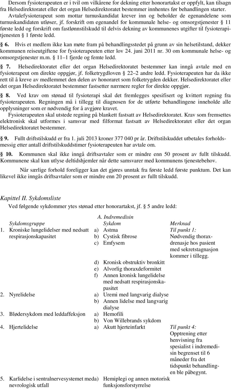 forskrift om egenandel for kommunale helse- og omsorgstjenester 11 første ledd og forskrift om fastlønnstilskudd til delvis dekning av kommunenes utgifter til fysioterapitjenesten 1 første ledd. 6.