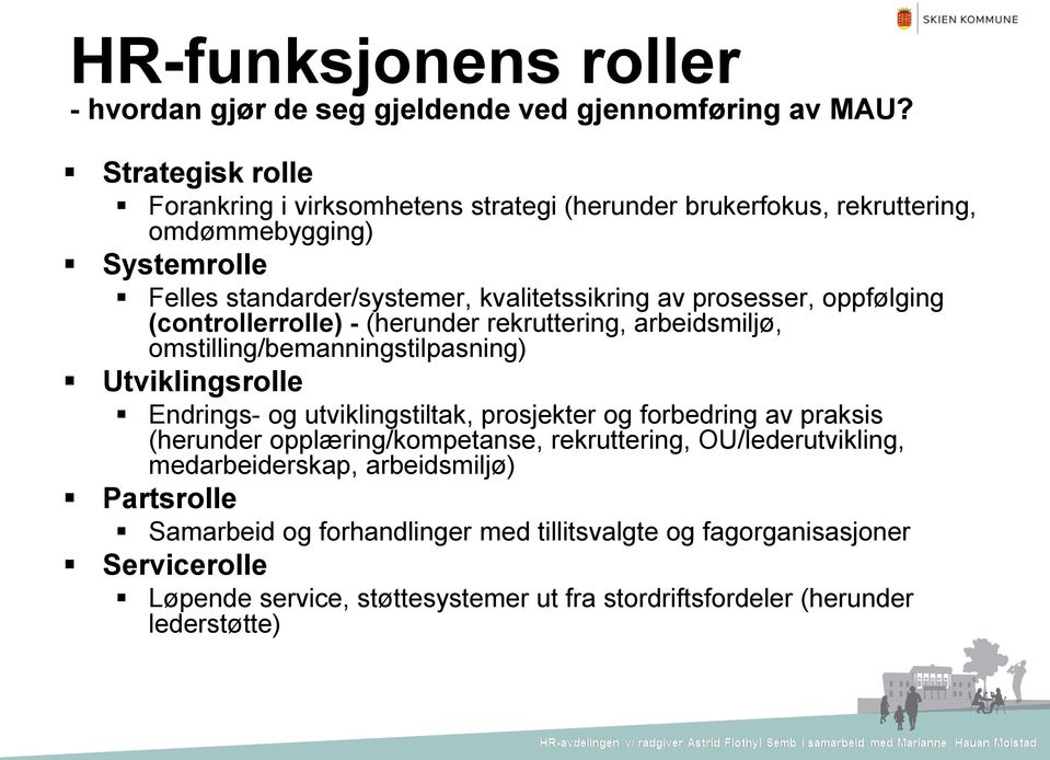 oppfølging (controllerrolle) - (herunder rekruttering, arbeidsmiljø, omstilling/bemanningstilpasning) Utviklingsrolle Endrings- og utviklingstiltak, prosjekter og forbedring av