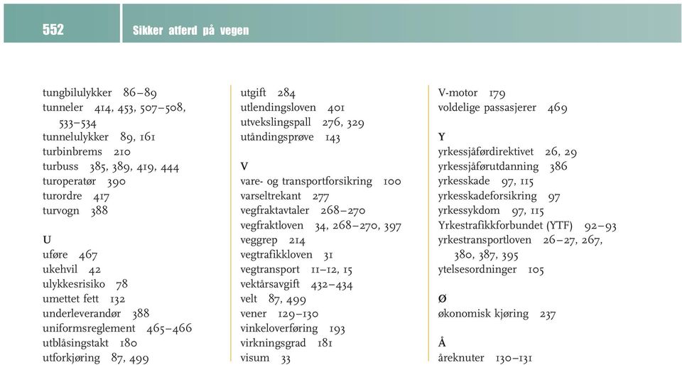 vare- og transportforsikring 100 varseltrekant 277 vegfraktavtaler 268 270 vegfraktloven 34, 268 270, 397 veggrep 214 vegtrafikkloven 31 vegtransport 11 12, 15 vektårsavgift 432 434 velt 87, 499