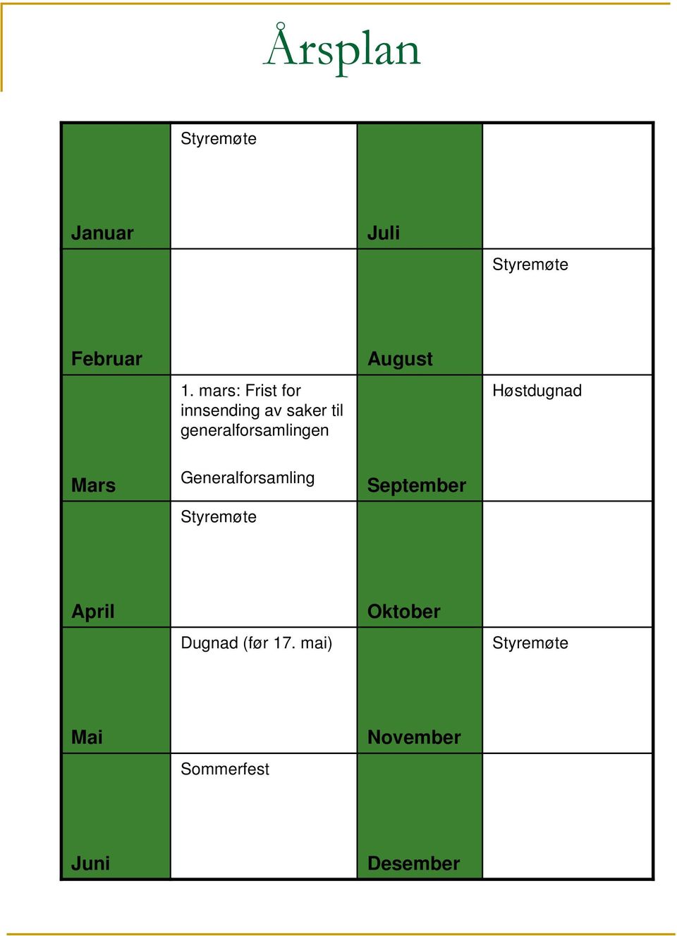 August Høstdugnad Mars Generalforsamling Styremøte September