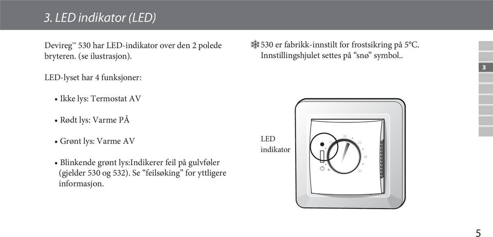 . LED-lyset har 4 funksjoner: Ikke lys: Termostat AV Rødt lys: Varme PÅ Grønt lys: Varme AV Blinkende grønt