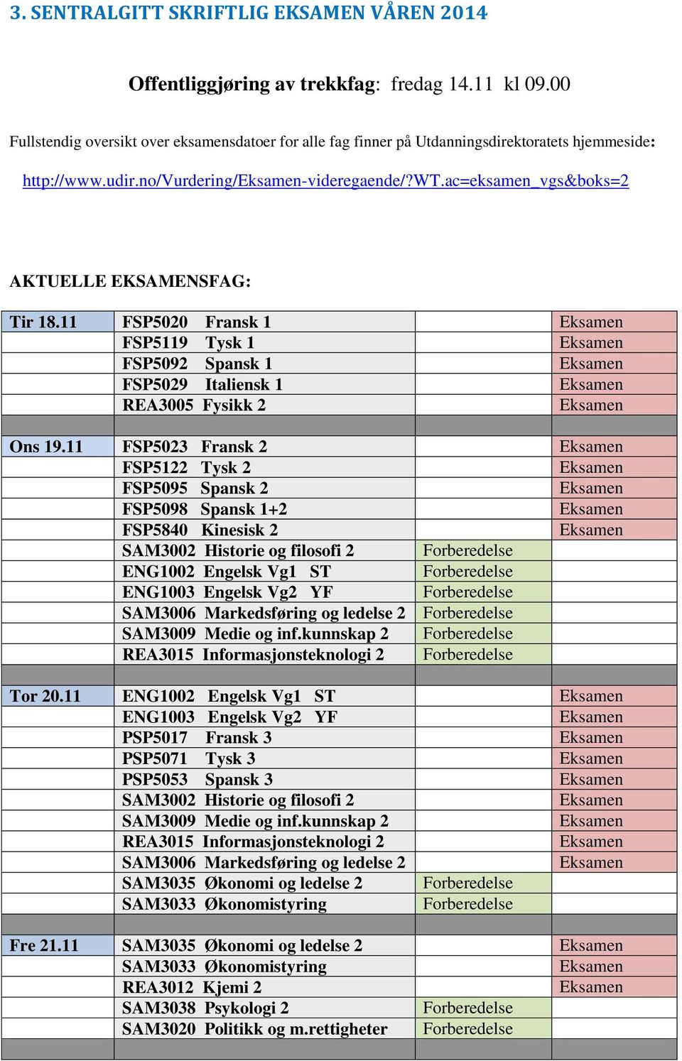 ac=eksamen_vgs&boks=2 AKTUELLE EKSAMENSFAG: Tir 18.11 FSP5020 Fransk 1 FSP5119 Tysk 1 FSP5092 Spansk 1 FSP5029 Italiensk 1 REA3005 Fysikk 2 Ons 19.