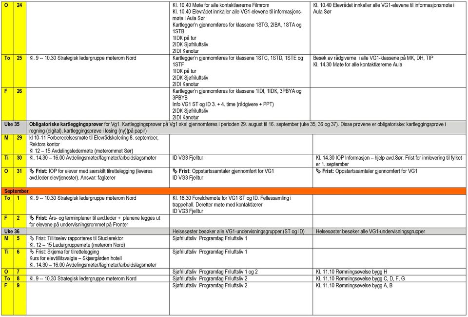 40 Elevrådet innkaller alle VG1-elevene til informasjonsmøte i Aula Sør Kartlegger n gjennomføres for klassene 1STG, 2IBA, 1STA og 1STB 1IDK på tur 2IDK Sjøfriluftsliv 2IDI Kanotur To 25 Kl. 9 -- 10.