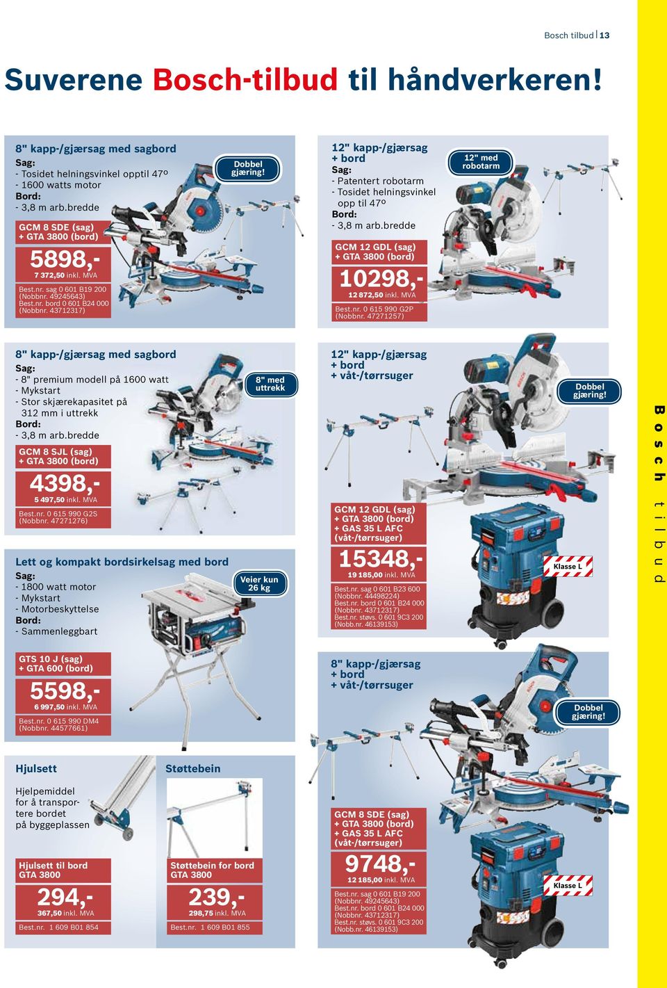 12" kapp-/gjærsag + bord Sag: - Patentert robotarm - Tosidet helningsvinkel opp til 47º Bord: - 3,8 m arb.bredde GCM 12 GDL (sag) + GTA 3800 (bord) 10298,- 12 872,50 inkl. MVA Best.nr.