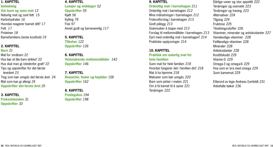 22 Tips og oppskrifter for det første leveåret 23 Ting som bør unngås det første året 24 Mat som kan gi allergi 24 Oppskrifter det første året 25 3. KapiTtel Frokoststunden 31 Oppskrifter 33 4.