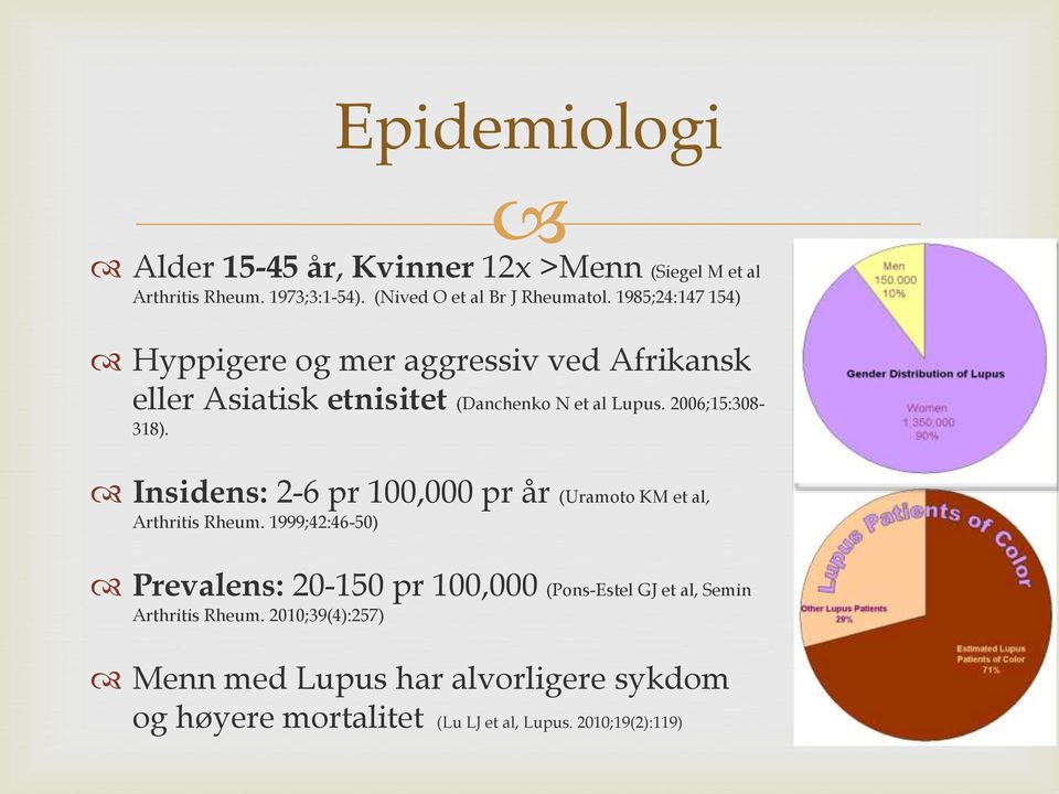 Insidens: 2-6 pr 100,000 pr år (Uramoto KM et al, Arthritis Rheum.