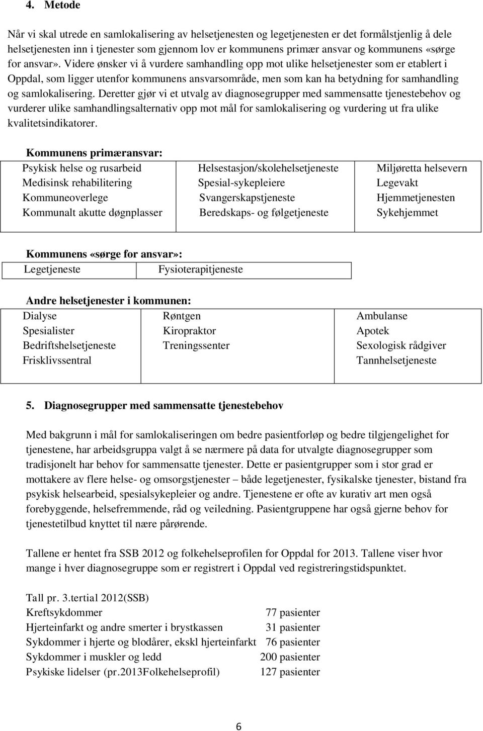 Videre ønsker vi å vurdere samhandling opp mot ulike helsetjenester som er etablert i Oppdal, som ligger utenfor kommunens ansvarsområde, men som kan ha betydning for samhandling og samlokalisering.