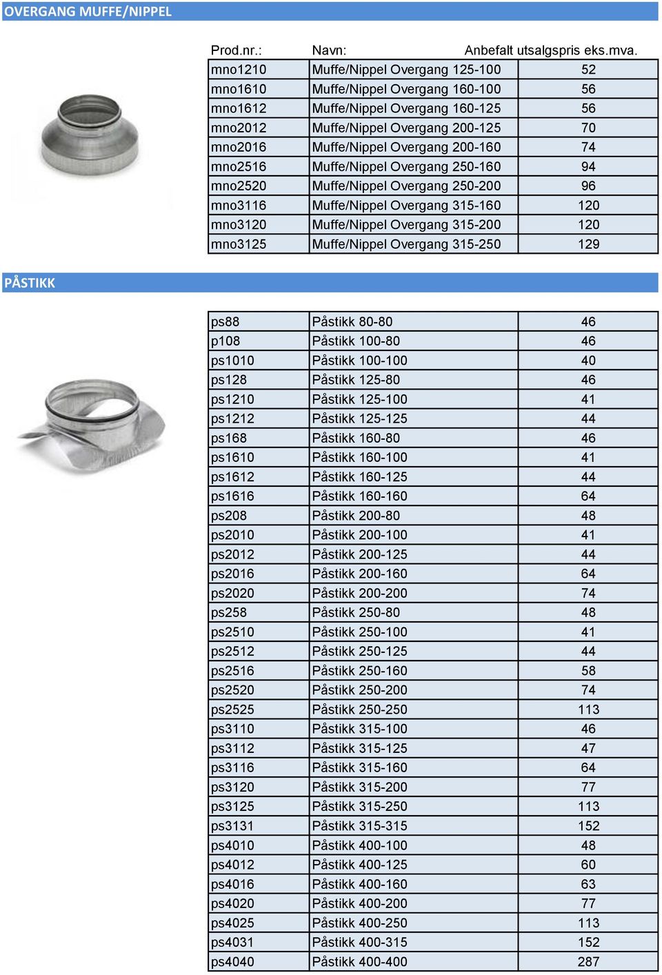 200-160 74 mno2516 Muffe/Nippel Overgang 250-160 94 mno2520 Muffe/Nippel Overgang 250-200 96 mno3116 Muffe/Nippel Overgang 315-160 120 mno3120 Muffe/Nippel Overgang 315-200 120 mno3125 Muffe/Nippel