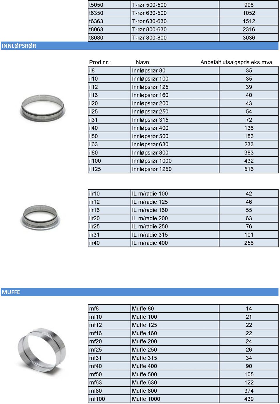 Innløpsrør 630 233 il80 Innløpsrør 800 383 il100 Innløpsrør 1000 432 il125 Innløpsrør 1250 516 ilr10 IL m/radie 100 42 ilr12 IL m/radie 125 46 ilr16 IL m/radie 160 55 ilr20 IL m/radie 200 63 ilr25 IL