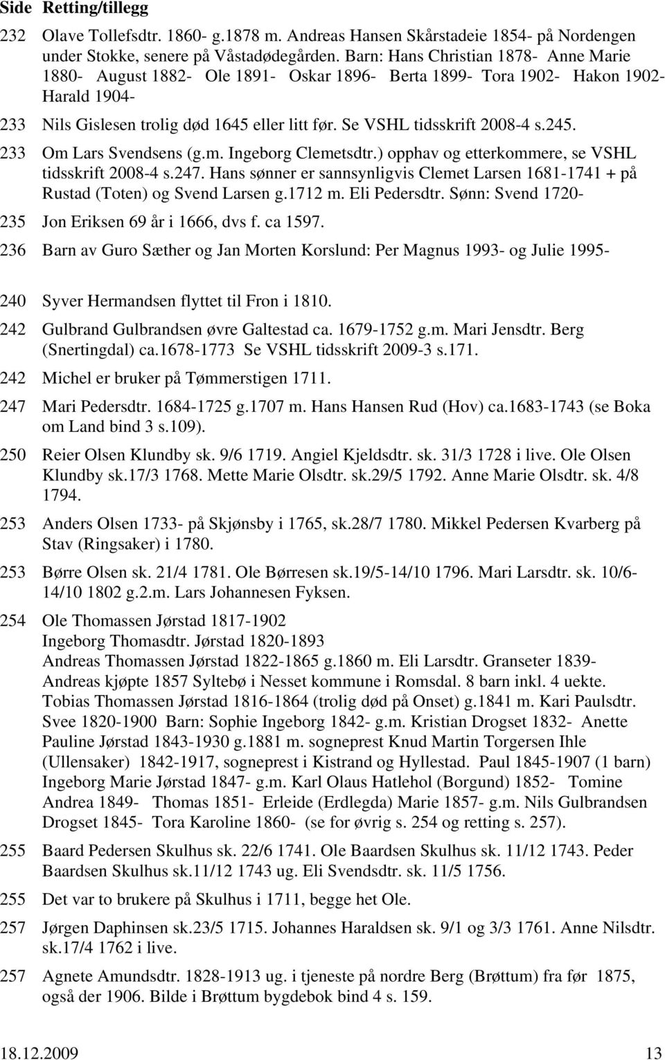 Se VSHL tidsskrift 2008-4 s.245. 233 Om Lars Svendsens (g.m. Ingeborg Clemetsdtr.) opphav og etterkommere, se VSHL tidsskrift 2008-4 s.247.