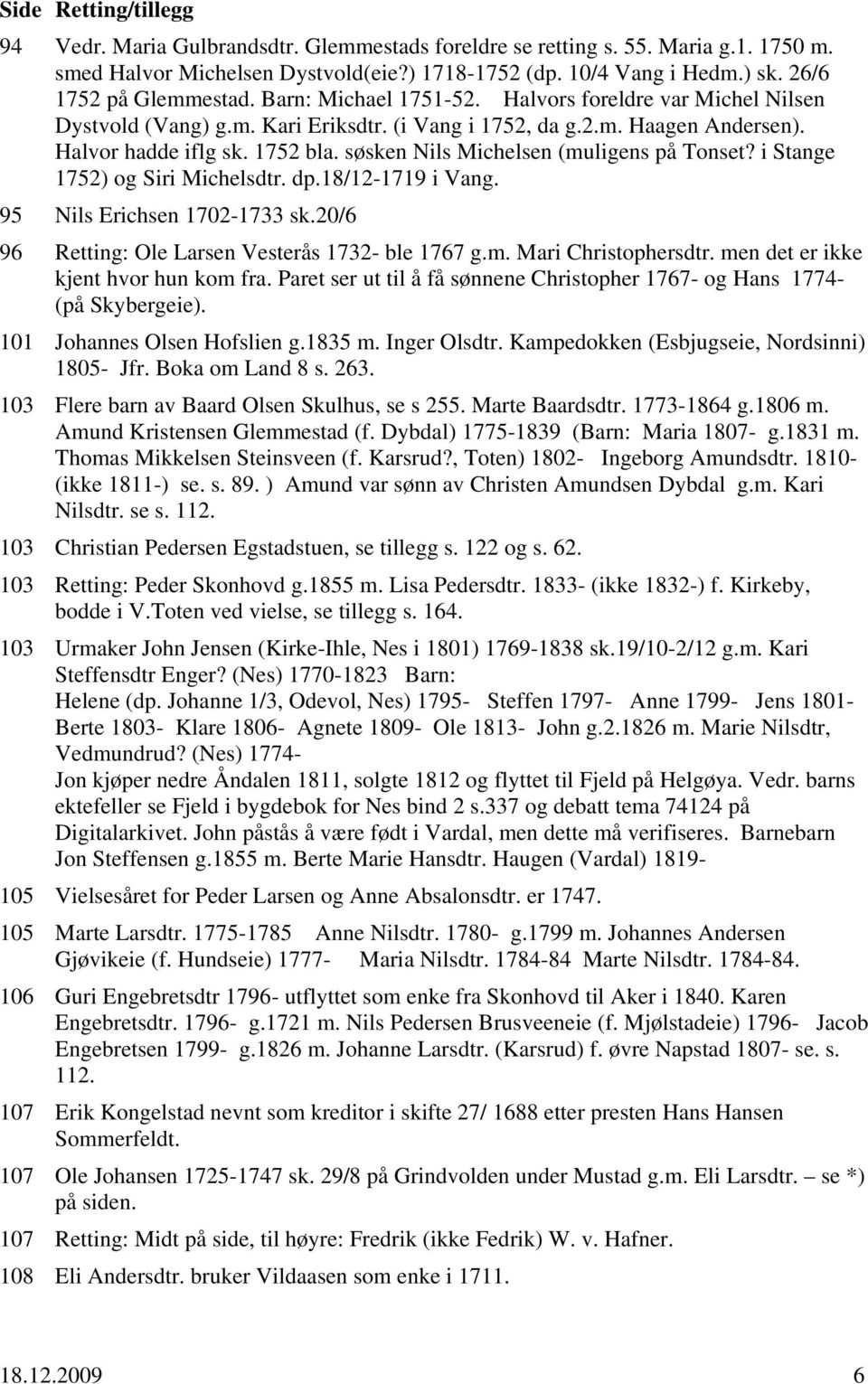 søsken Nils Michelsen (muligens på Tonset? i Stange 1752) og Siri Michelsdtr. dp.18/12-1719 i Vang. 95 Nils Erichsen 1702-1733 sk.20/6 96 Retting: Ole Larsen Vesterås 1732- ble 1767 g.m. Mari Christophersdtr.