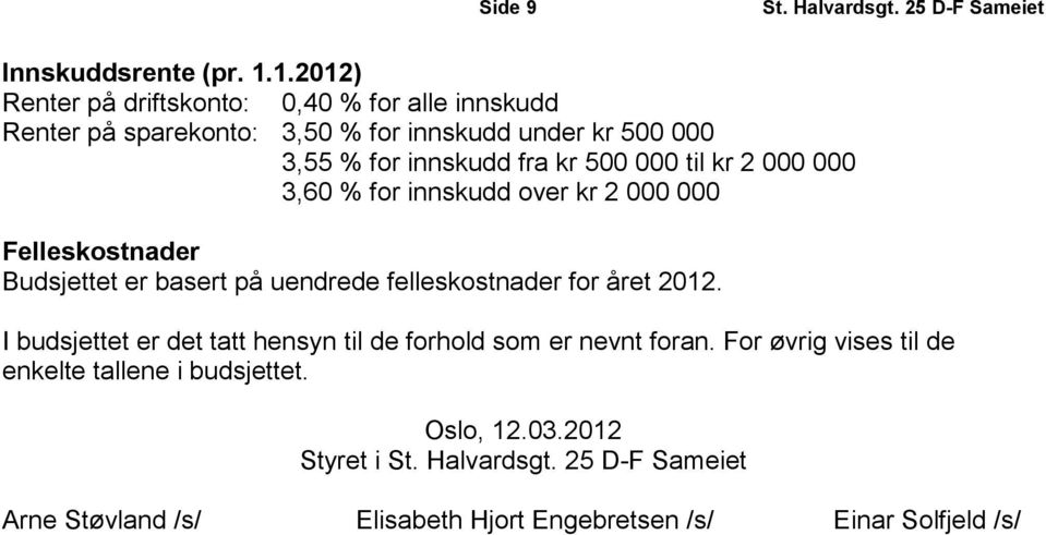 innskudd fra kr 500 000 til kr 2 000 000 3,60 % for innskudd over kr 2 000 000 Felleskostnader Budsjettet er basert på uendrede