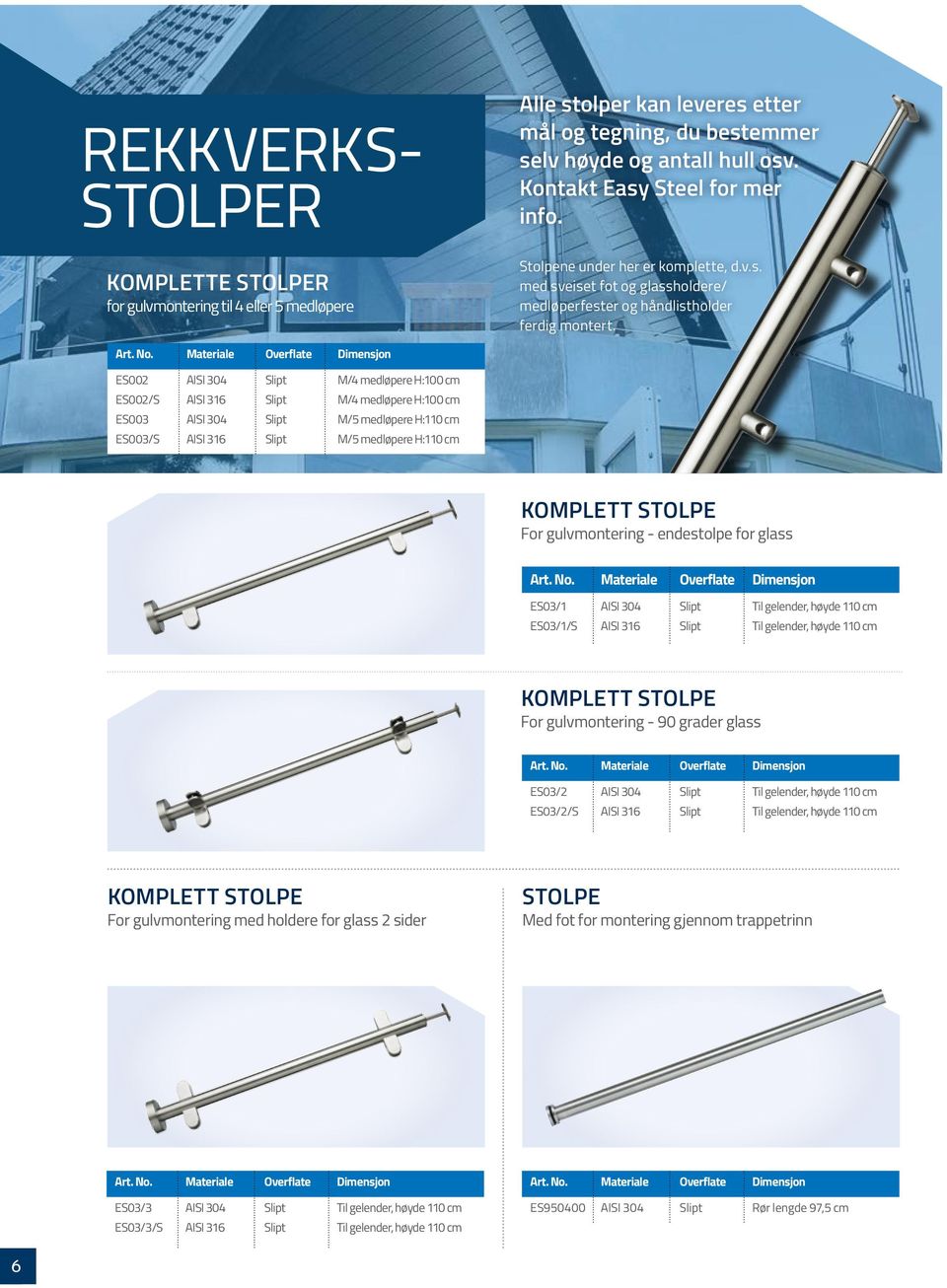 Materiale Overflate Dimensjon ES002 AISI 304 Slipt M/4 medløpere H:100 cm ES002/S AISI 316 Slipt M/4 medløpere H:100 cm ES003 AISI 304 Slipt M/5 medløpere H:110 cm ES003/S AISI 316 Slipt M/5