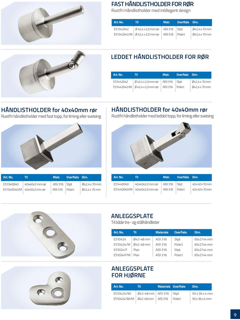 ES1442042 Ø 42,4 x 2,0 mm rør AISI 316 Slipt Ø42,4 x 70 mm ES1442042/M Ø 42,4 x 2,0 mm rør AISI 316 Polert Ø42,4 x 70 mm HÅNDLISTHOLDER for 40x40mm rør Rustfri håndlistholder med fast topp, for