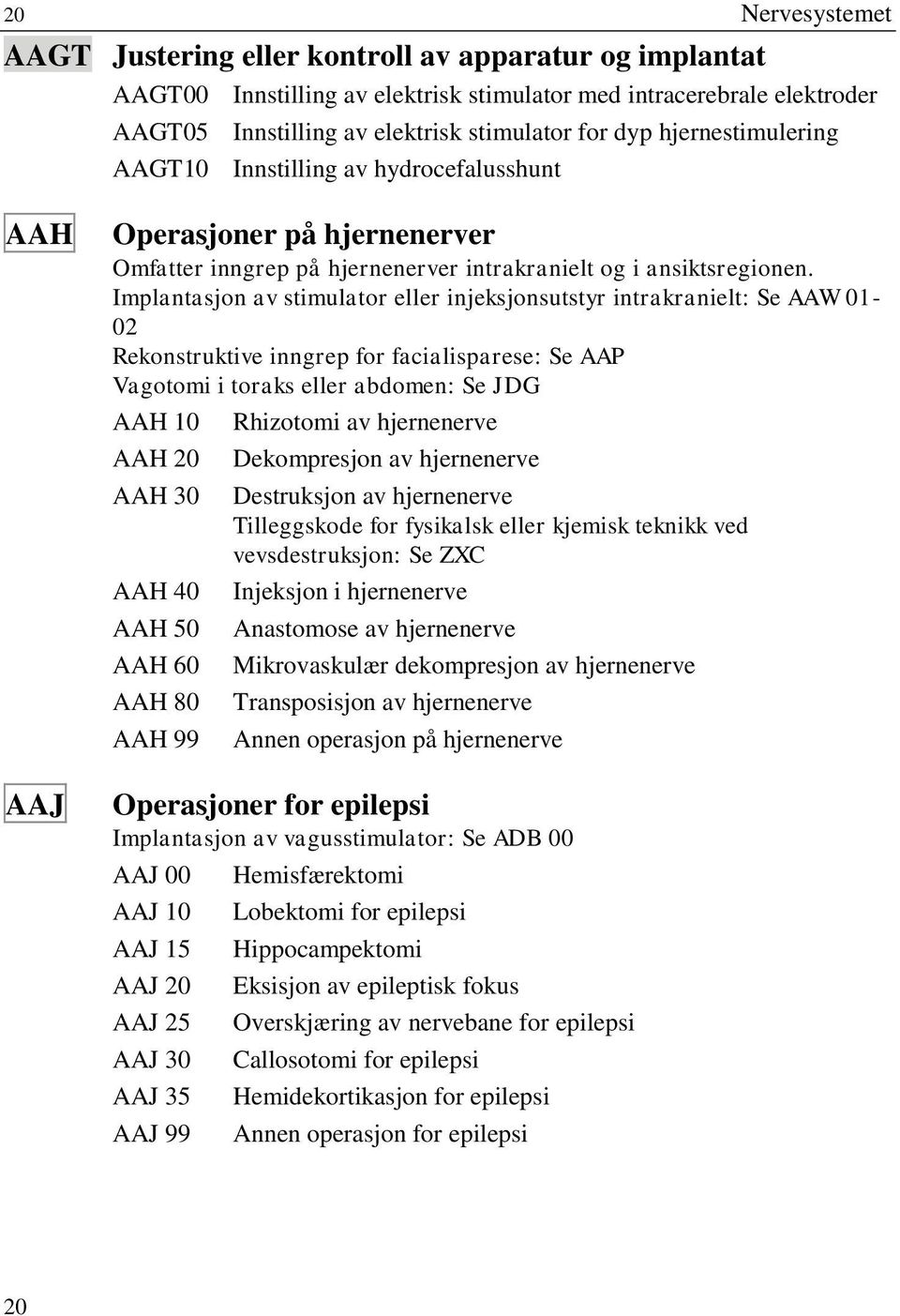 Implantasjon av stimulator eller injeksjonsutstyr intrakranielt: Se AAW 01-02 Rekonstruktive inngrep for facialisparese: Se AAP Vagotomi i toraks eller abdomen: Se JDG AAH 10 AAH 20 AAH 30 AAH 40 AAH