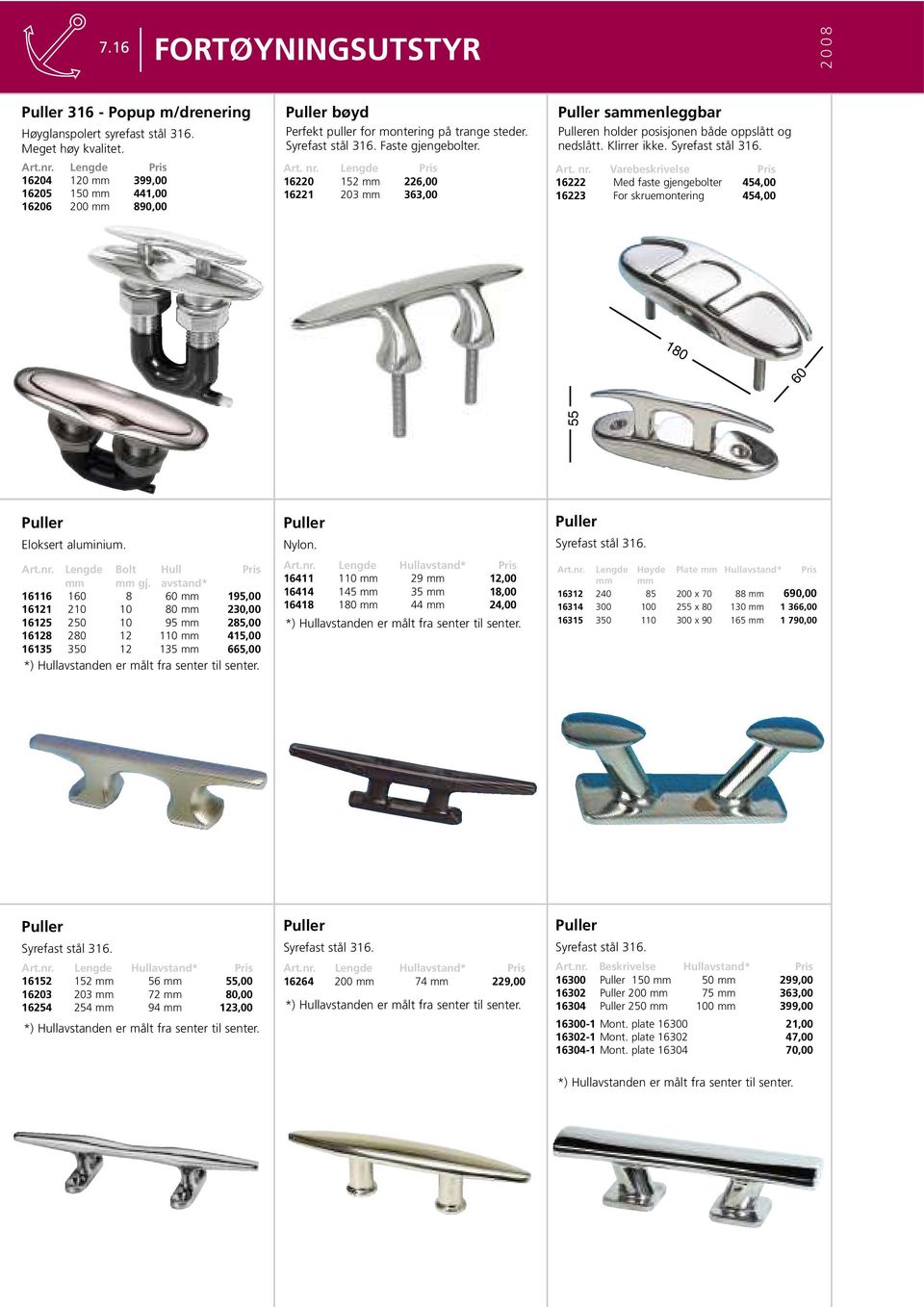 Lengde Pris 16220 152 mm 226,00 16221 203 mm 363,00 Puller sammenleggbar Pulleren holder posisjonen både oppslått og nedslått. Klirrer ikke. Syrefast stål 316. Art. nr.