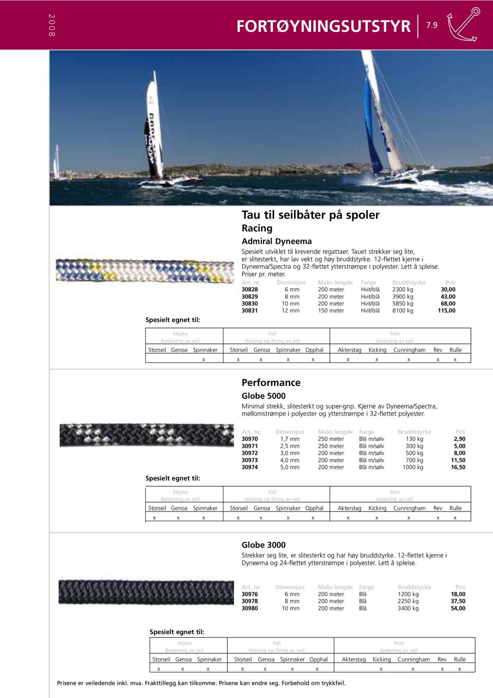 Dimensjon Maks lengde Farge Bruddstyrke Pris 30828 6 mm 200 meter Hvit/blå 2300 kg 30,00 30829 8 mm 200 meter Hvit/blå 3900 kg 43,00 30830 10 mm 200 meter Hvit/blå 5850 kg 68,00 30831 12 mm 150 meter