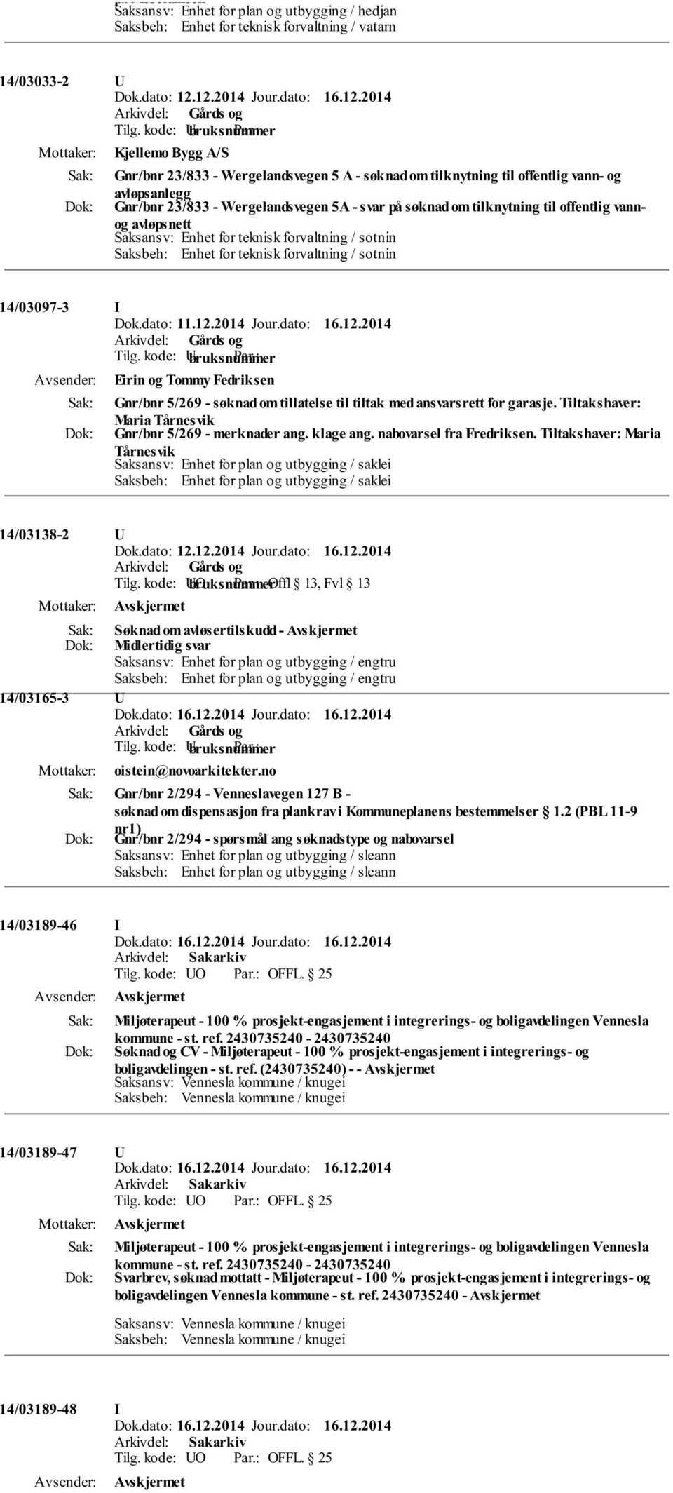 Saksbeh: Enhet for teknisk forvaltning / sotnin 14/03097-3 I Dok.dato: 11.12.2014 Jour.dato: 16.12.2014 Eirin og Tommy Fedriksen Gnr/bnr 5/269 - søknad om tillatelse til tiltak med ansvarsrett for garasje.