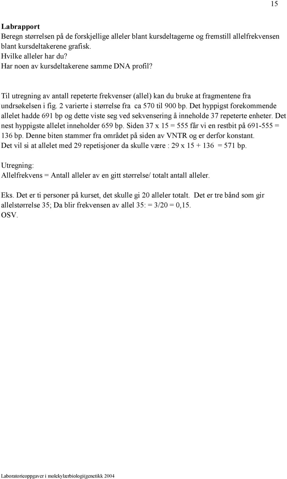 Det hyppigst forekommende allelet hadde 691 bp og dette viste seg ved sekvensering å inneholde 37 repeterte enheter. Det nest hyppigste allelet inneholder 659 bp.