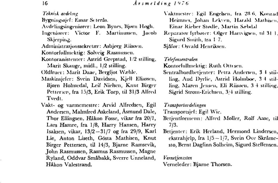 vhle. Maskinsjefer: Svein Davidsen, Kjell Eliassen, Bjorn Holmedal, Leif Nielsen, Knut Birger Pet tonen, fra 15/3, Erik Torp, til 31/3 Alfred Tvedt.