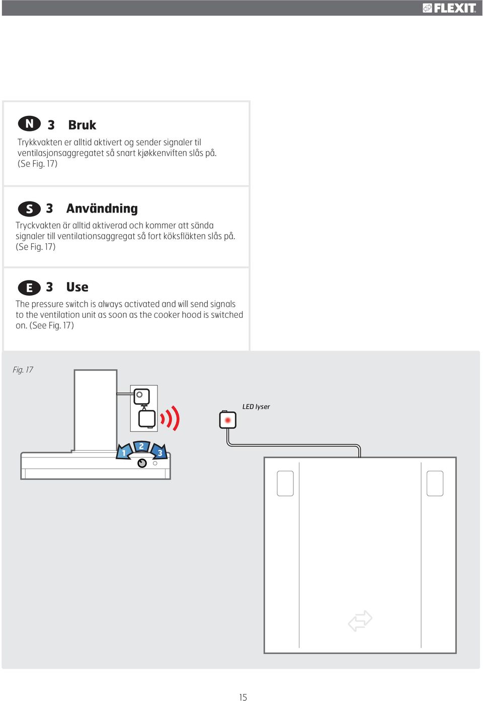 17) 3 Användning Tryckvakten är alltid aktiverad och kommer att sända signaler till ventilationsaggregat så