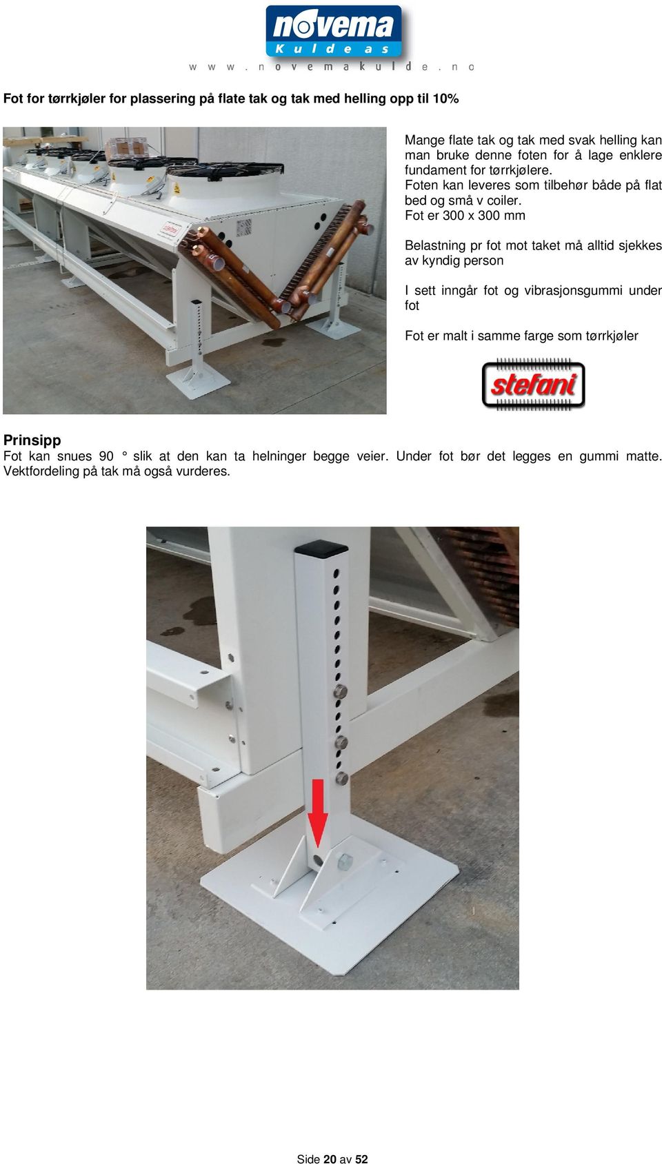 Fot er 300 x 300 mm Belastning pr fot mot taket må alltid sjekkes av kyndig person I sett inngår fot og vibrasjonsgummi under fot Fot er malt i