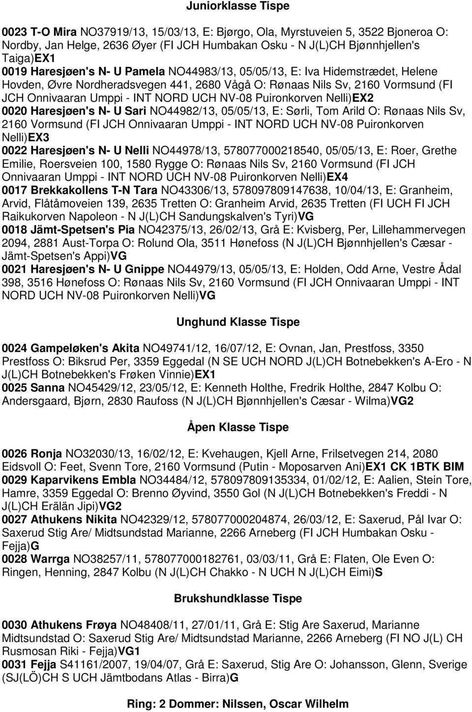 Puironkorven Nelli)EX2 0020 Haresjøen's N- U Sari NO44982/13, 05/05/13, E: Sørli, Tom Arild O: Rønaas Nils Sv, 2160 Vormsund (FI JCH Onnivaaran Umppi - INT NORD UCH NV-08 Puironkorven Nelli)EX3 0022