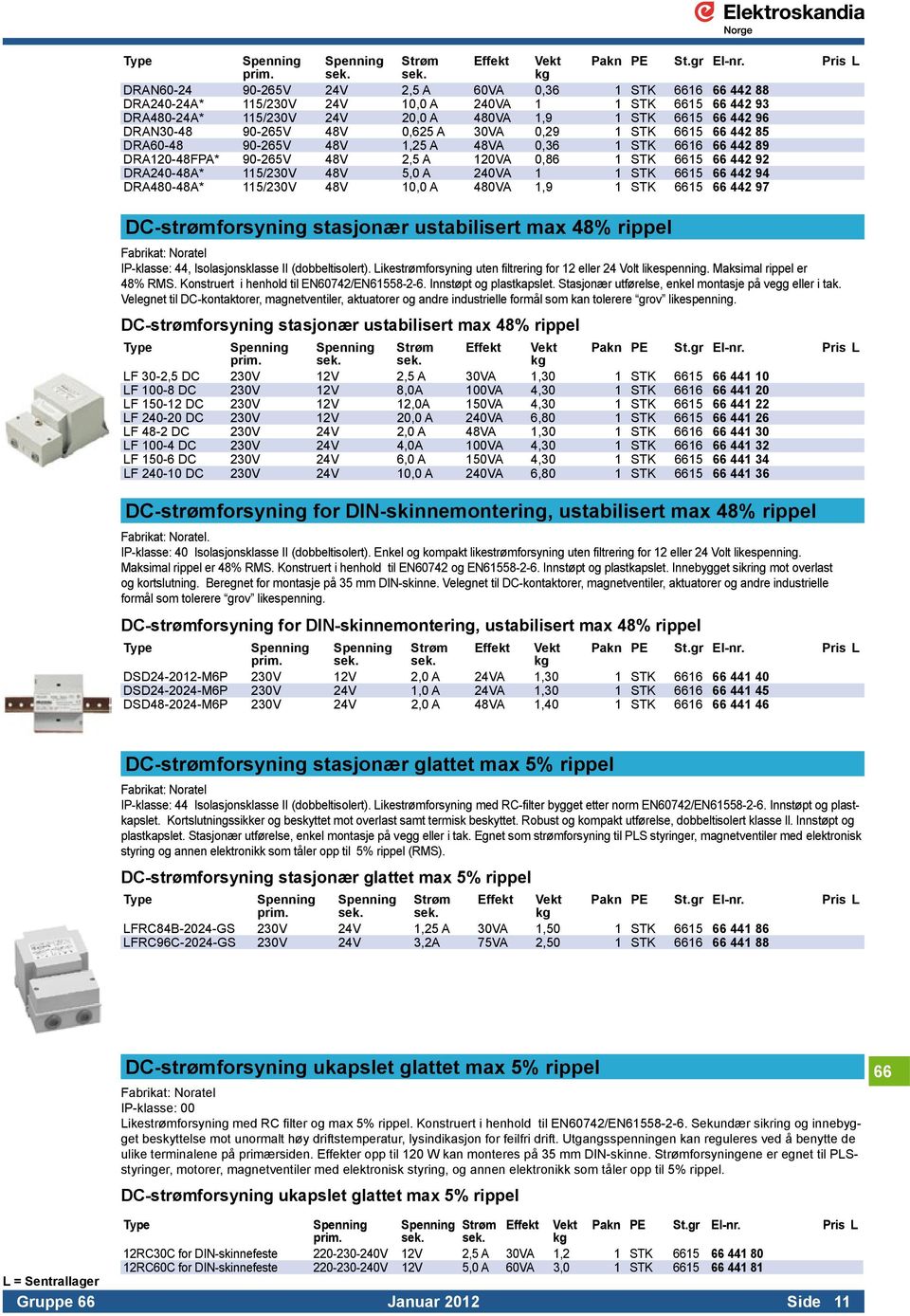 5,0 A 240VA 1 1 STK 6615 66 442 94 DRA480-48A* 115/230V 48V 10,0 A 480VA 1,9 1 STK 6615 66 442 97 DC-strømforsyning stasjonær ustabilisert max 48% rippel IP-klasse: 44, Isolasjonsklasse II