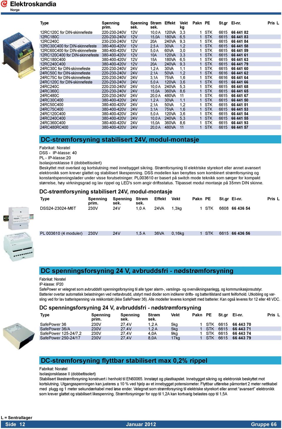 DIN-skinnefeste 380-400-420V 12V 10A 120VA 3,3 1 STK 6615 66 441 61 12RC180C400 380-400-420V 12V 15A 180VA 6,5 1 STK 6615 66 441 63 12RC240C400 380-400-420V 12V 20A 240VA 9,3 1 STK 6615 66 441 79